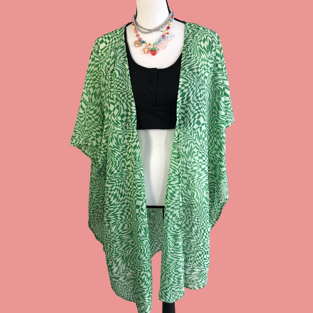 Girl Soul Green Wavy Checkerboard Sheer Kimono Cardigan Coverup XL Psychedelic